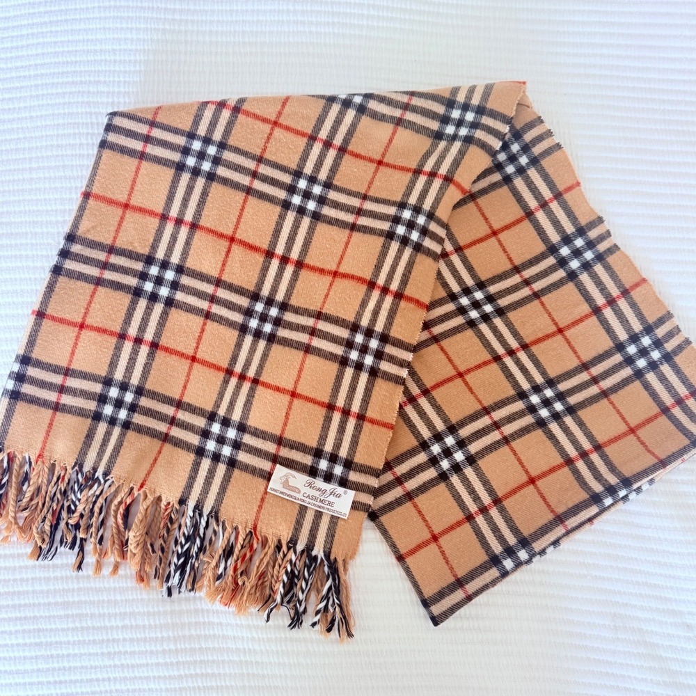 Rong Jia Cashmere Plaid Scarf Beige Nova Check Wrap Shawl 64x28 Quiet Luxury - Picture 6 of 7